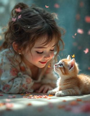 The primary subject of the image is a young girl and a small orange kitten. The girl is smiling and looking at the kitten, which is sitting on the ground. The setting is an outdoor environment, with a pink flower petal on the ground. The visual style is a photo, capturing the moment between the girl and the kitten. The colors and mood of the image are warm and inviting, with the pink flower petal adding a touch of softness to the scene.